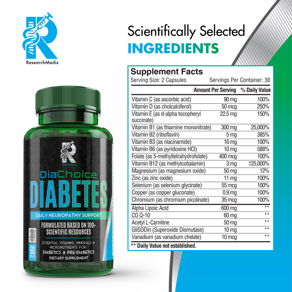 DiaChoice Neuropathy Support with Alpha Lipoic Acid 600 mg, to Fortify Nerve Health & Support Healthy Nerve Function, ALA, Co Q10, Magnesium, Zinc, Vitamins B12, B9, B6, B3, B2, B1, D, C, E & 5 more