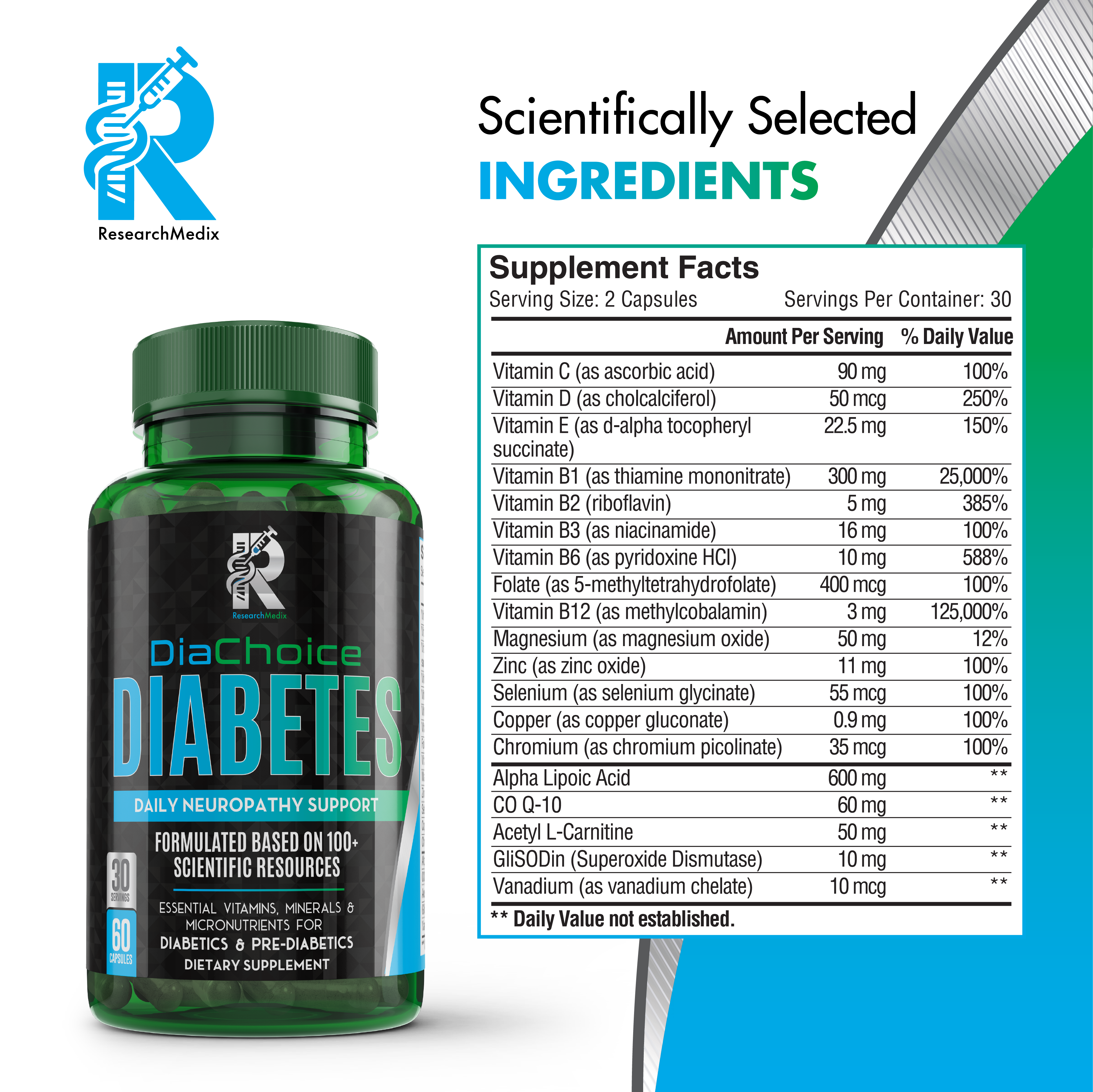 DiaChoice Neuropathy Support with Alpha Lipoic Acid 600 mg, to Fortify Nerve Health & Support Healthy Nerve Function, ALA, Co Q10, Magnesium, Zinc, Vitamins B12, B9, B6, B3, B2, B1, D, C, E & 5 more